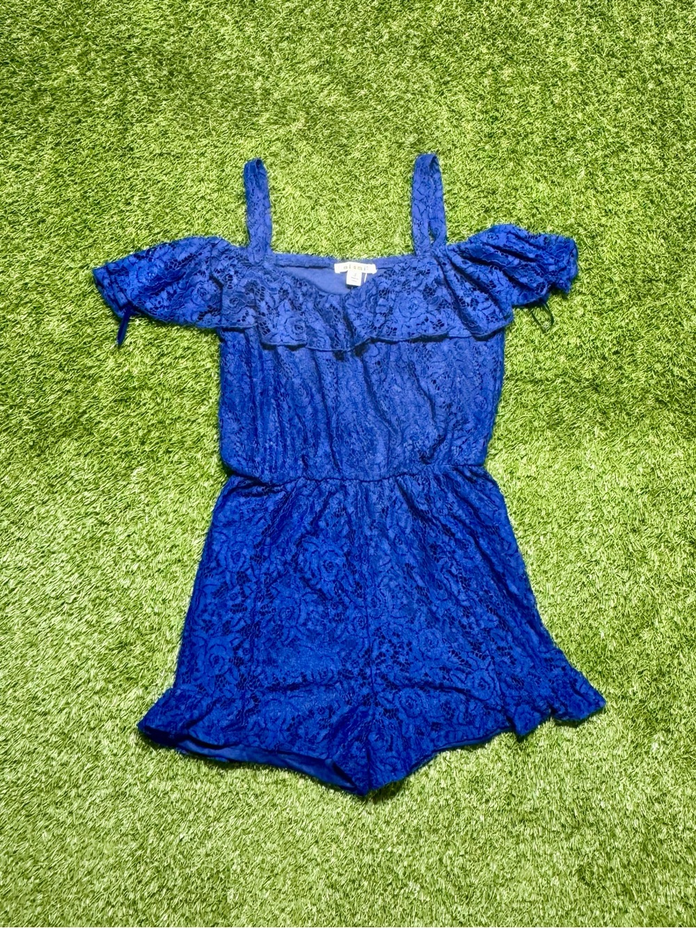 NWT Miami Francesca’s Floral Off-Shoulder Ruffle Romper Lined Women's S Blue